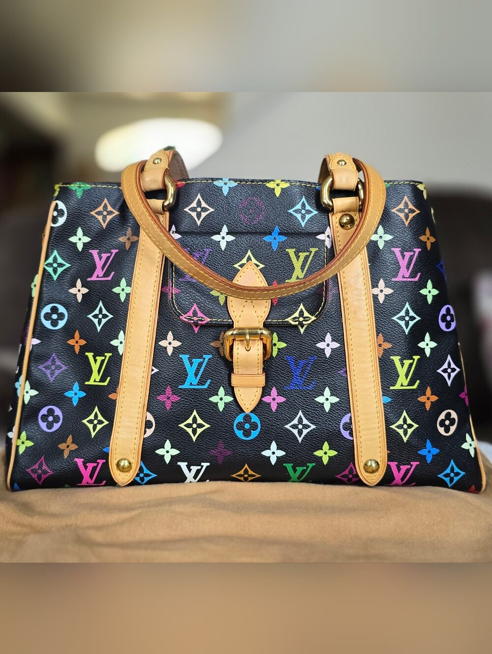 Louis Vuitton Black Monogram Multicolor Aurelia MM Tote Bag.